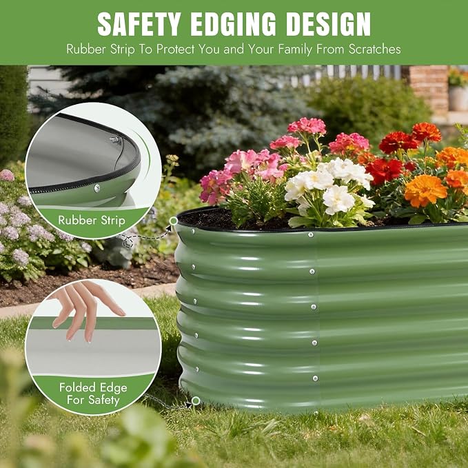 INNO STAGE Galvanized Raised Garden Bed Kits, 8x2x1.4FT Metal Raised Garden Beds Outdoor, 17'' Tall Large Steel Raised Planter Bed for Vegetables & Flowers Patio Ground Planter Box (Olive Green, 2Pcs)