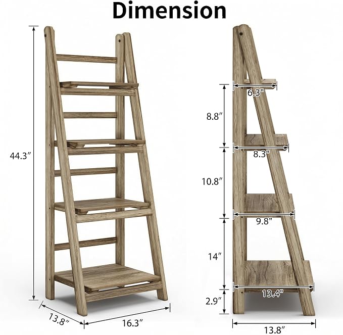 Ladder Shelves - Folding Wooden Ladder Bookshelf, 4-Tier Retro Plant Stand Storage Shelves for Home Living Room, Light Brown