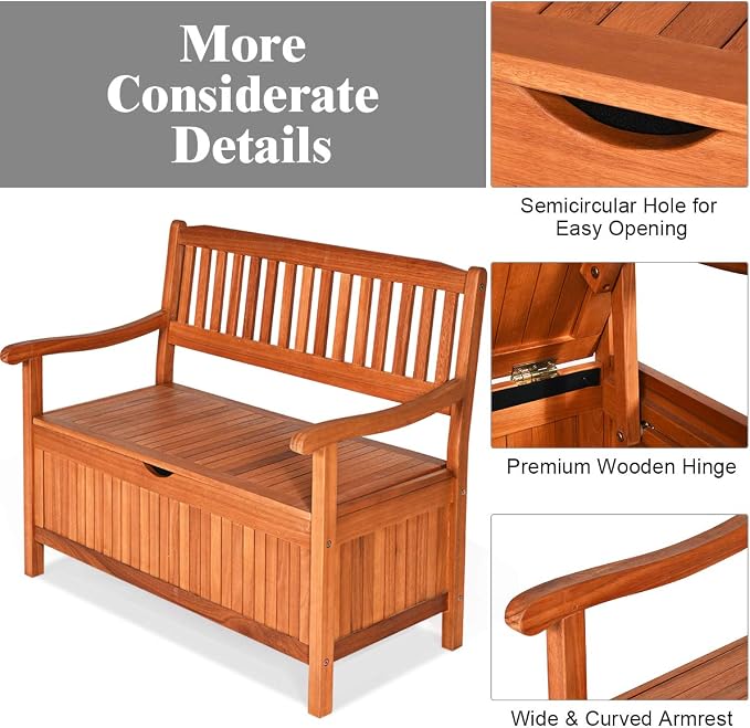 BETTARY Wooden Outdoor Storage Bench, 53 Gal Patio Storage Loveseat with Inner Waterproof Liner Bag & Armrests, Weatherproof Outdoor Bench with Storage for Patio, Garden, Deck, Porch & Balcony