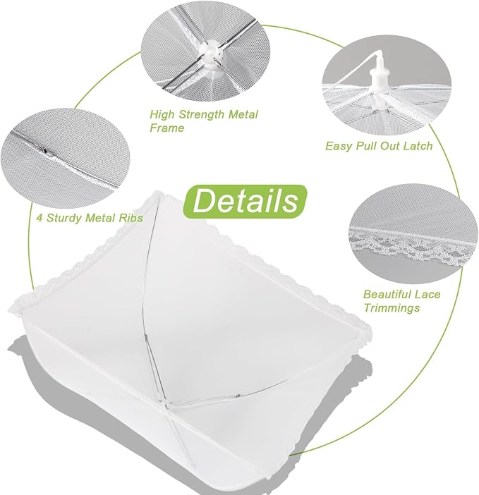 4 Pack Large Mesh Food Covers 17" x 17", Tall White Nylon Food Tents, Collapsible Pop-Up Food Cover Umbrellas for Camping, Picnics, BBQ, Parties, Plant, Flower, Fruit Cover