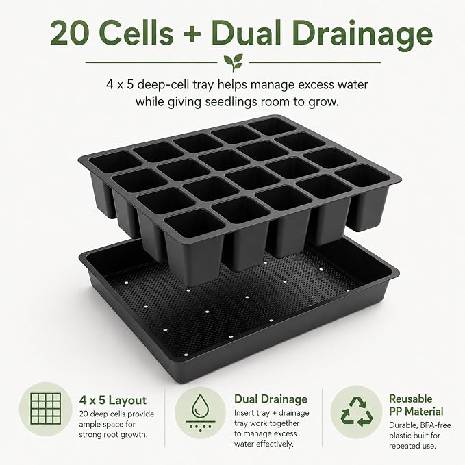 Square Nursery Pots 2 Layers with Drainage, 100 Cell Seeding Tray, 5 Packs | Double-layer Drainage Design Seed Starter Tray, More Durable for Reusable, Coloful Plant Lables