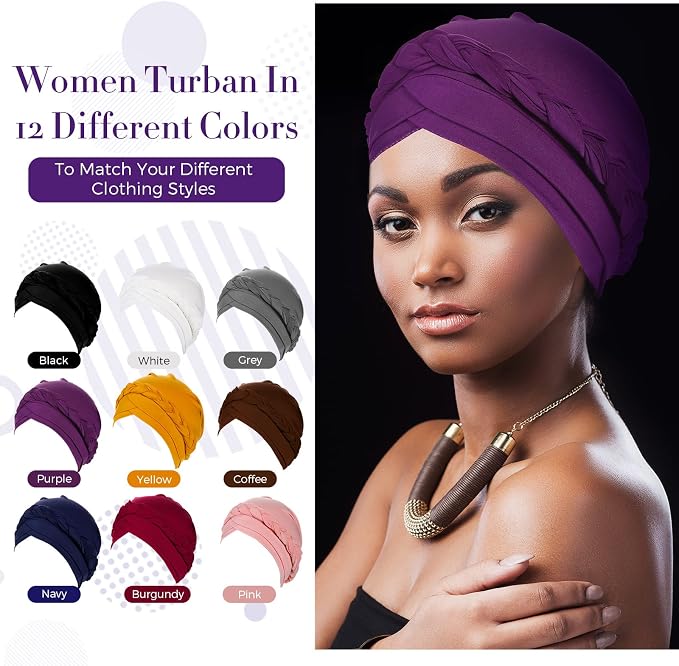 9 Pack Braid Turban Cap for Women Ethnic Bohemia Twisted Hair Cover Wrap Hat African Pre Tied Bonnet Chemo Cancer Braid Turban Hat Beanies Headwear Multicoloured