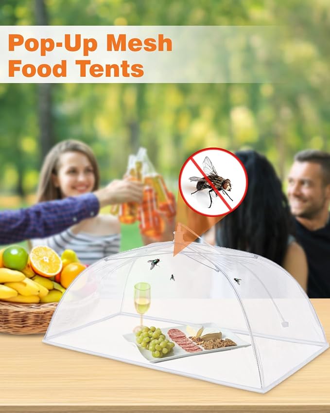 Anpro Food Covers for Outdoors - 1 Extra Large (40"x25") + 4 Large (17"x17") Pop-Up Mesh Food Tents, Collapsible Reusable Bug-Proof Nets for Picnics, BBQs & Camping, Stainless Steel Frame