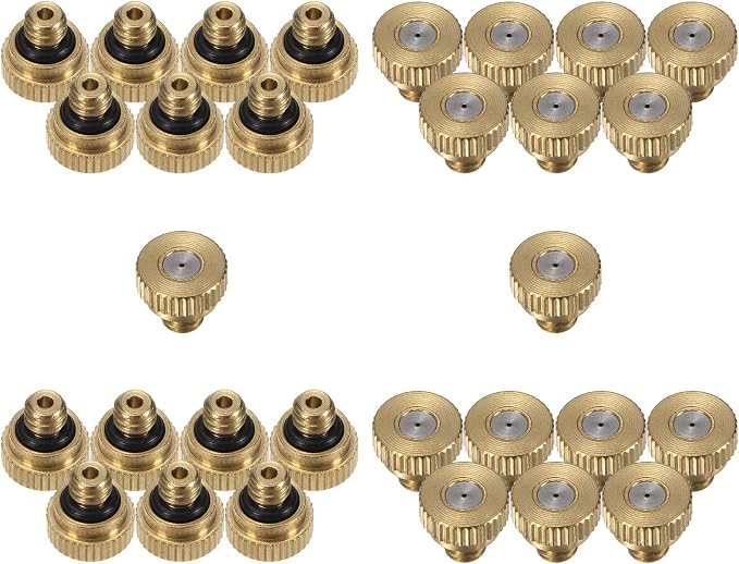 M METERXITY 30-Pack Brass Misting Nozzle, 0.024" 0.6mm Orifice 10/24 UNC O-Ring Replacement Mister Nozzles Plug Mister Heads for Garden Patio Outdoor Cooling System Low-Pressure Atomizing