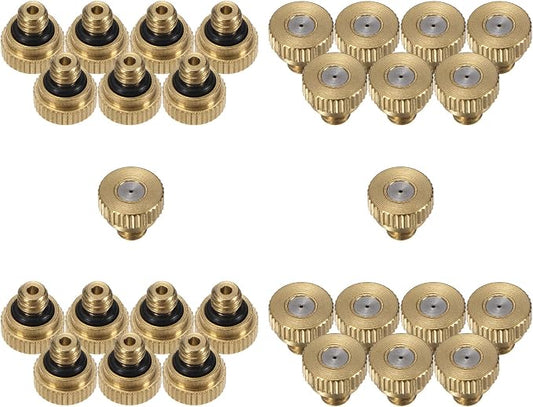 M METERXITY 30-Pack Brass Misting Nozzle, 0.024" 0.6mm Orifice 10/24 UNC O-Ring Replacement Mister Nozzles Plug Mister Heads for Garden Patio Outdoor Cooling System Low-Pressure Atomizing