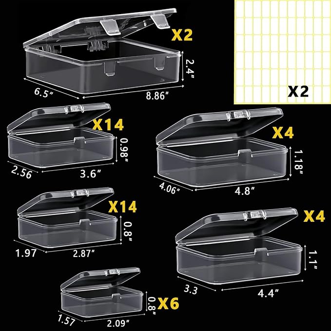 Bead storage container,44pcs of different sizes rectangular mini clear plastic storage box with hinged lid and label for bracelet making DIY jewelry craft nail organizer,Mix Size-2