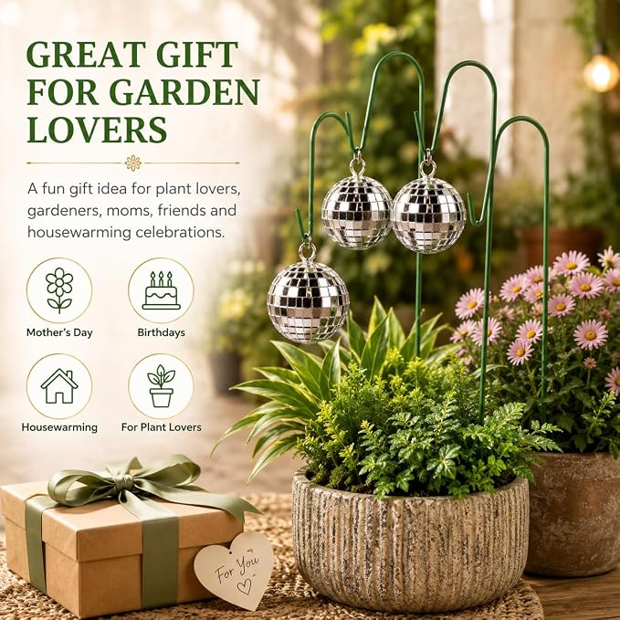 3 Pack Disco Ball Garden Stakes, Silver Mirror Ball Outdoor Plant Decor, Reflective Hanging Globe Stake Ornaments for Flower Pots Patio Lawn Yard Pathway Garden Decorations (M*3pcs)