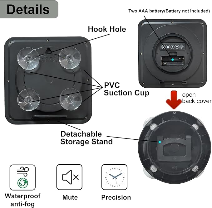 Digital Bathroom Shower Wall Clock, Indoor Waterproof Clock with Suction Cup, Plastic Frame, Flexible Choice for Hanging Or Standing, Modern Silent Kitchen Small LCD Screen Clock