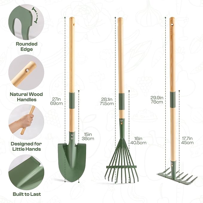 ROBUD Kids Wheelbarrow with Gardening Tools Set, Educational Kids Gardening Set with Kid Wheelbarrow, Toddler Gardening Set, Watering Can, Plant Labels, for Ages 3+ Boys Girls(Green)