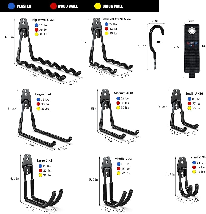3-H Garage Wall Hooks 46 Pack,Garage Hooks Heavy Duty,Garage Storage Hooks for Hanging and Organizing Garden,Lawn,Yard Tools,Chairs,Ladders,Weed Eater,Shovel,Blower(Black)