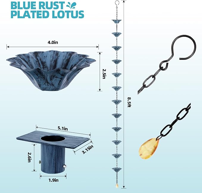 Rifachua 12 Cups Lotus Rain Chain for Gutters Downspouts Outside 8.5ft, Blue Plated Lotus Rain Chain Cups, Functional and Decorative Replacement for Gutter Downspouts