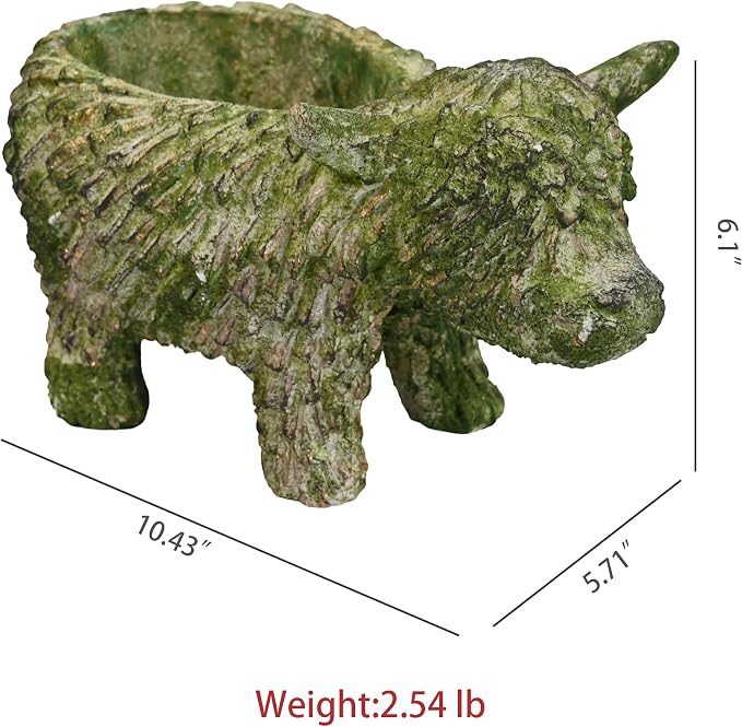Rustic Highland Cow Planter - Vintage Distressed Green Resin Planter Pot Indoor&Outdoor Flower Pots for Garden Home Decor, Succulent, Herbs