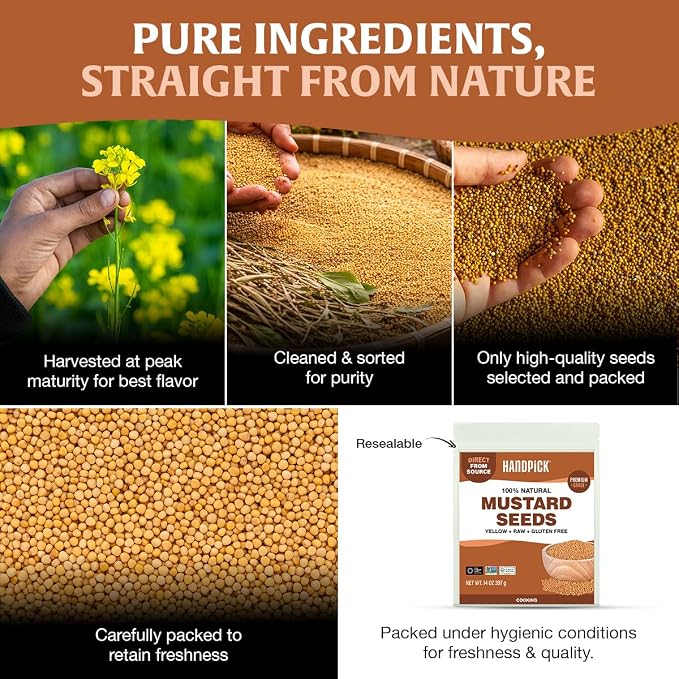 HANDPICK Yellow Mustard Seed (397g/14oz) Non GMO, Gluten Free, 100% Raw, Sourced from India, For Cooking, Pickles, Packed in Resealable Ziplock Pouch