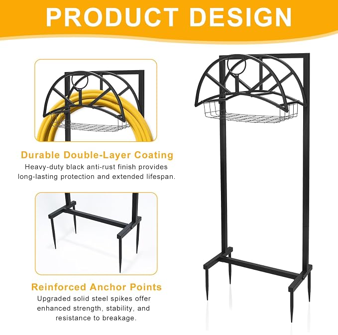 ZEMIRO CHARGE Heavy Duty Garden Hose Holder for Outside - Detachable Storage Basket with 4 Spikes Hooks, Super Stable Freestanding Stand Supports 150-Ft Hose, Perfect for Yard & Lawn