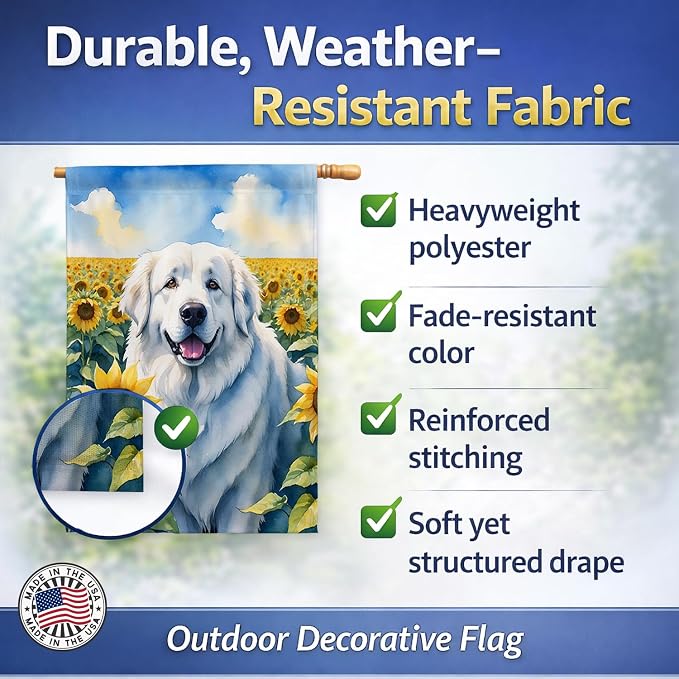 Caroline's Treasures DAC6093CHF Great Pyrenees in Sunflowers House Flag Large Porch Sleeve Pole Decorative Outside Yard Banner Artwork Wall Hanging, Polyester, House Size, Multicolor