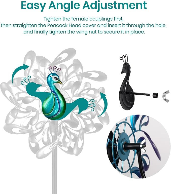 Peacock Wind Spinner Metal Kinetic Turquoise Green Garden Yard Art | Hand-Crafted, Shimmering turquoise metal peacock sculpture, Auto-glow solar crackle ball, Stable 5-prong stake