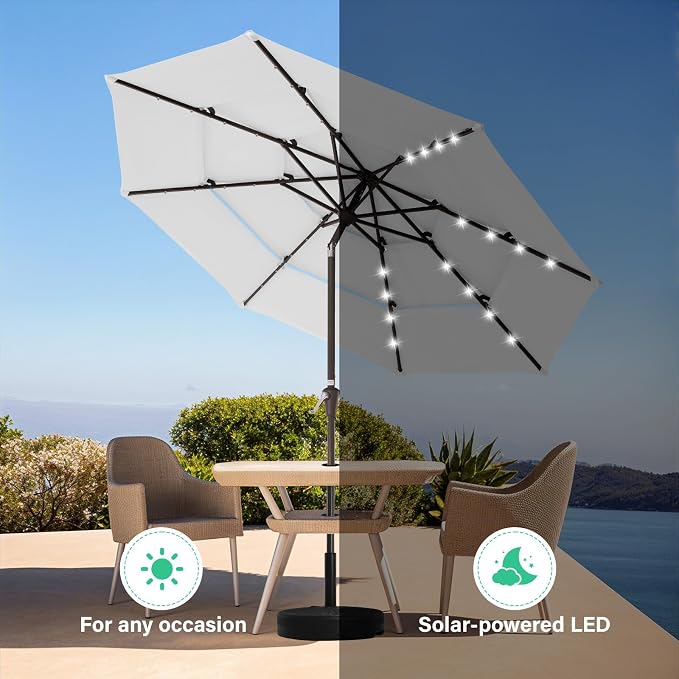 JEAREY 3 Tiers Patio Umbrella with Solar Lights 9ft Outdoor Market Table Umbrellas with Push Button Tilt for Outside Pool Garden, Creamy-white