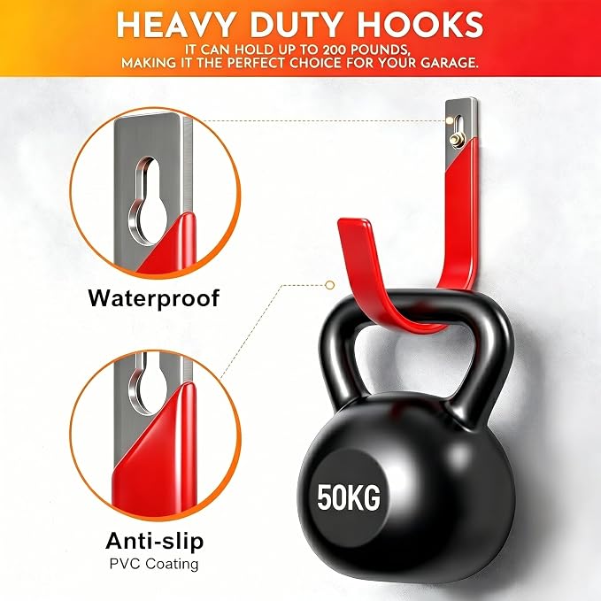 Garage Wall Hooks for Hanging Heavy Duty, 4 Pack Garage Organizer Storage Hooks Wall Mount for Garden Hoses, Brooms, Ladders, Garage Storage