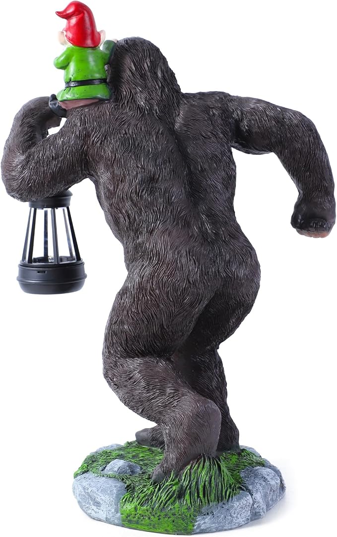 Solar Bigfoot Garden Statue with Gnome & Lantern, 16 Inch Sasquatch Decor | Large resin outdoor statue for patios and yard. Funny Bigfoot gift for husbands, dads, grandpas and Sasquatch fans.
