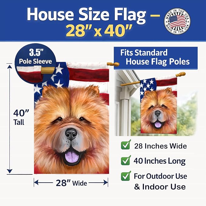 Caroline's Treasures CK6490CHF Chow Chow Dog American Flag House Flag Large Porch Sleeve Pole Decorative Outside Yard Banner Artwork Wall Hanging, Polyester, House Size, Multicolor