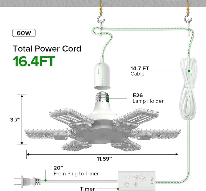 SANSI Hanging Grow Lights for Indoor Plants, 60W Hanging Plant Light with Timer, Adjustable 6-Panels, Full Spectrum, 4700LM, 4000K Daylight, Pendant Grow Light, 16.4FT Power Cord for Tall Large Plants