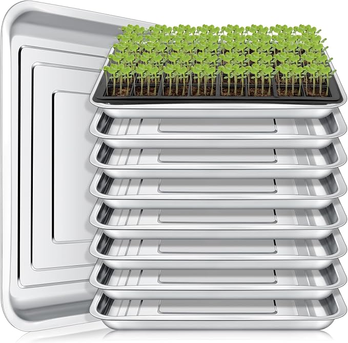 FillTouch 10 Pcs Stainless Steel Seed Starter Tray, Stainless Metal Garden Trays, Nursery Seedling Pots for Collection Transplantation & Propagation Flats, No Drain Holes(15.8 x 11.8 x 1.4 Inch)