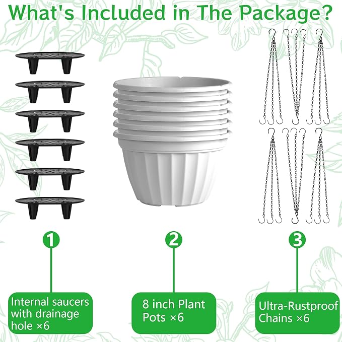 FGstyle 6 Pack Hanging Planters 8 Inch,Self Watering Pots for Indoor Plants,Plastic Hanging Basket with Soil Elevator and 20" Chain for Home Garden Porch Balcony Patio Decor(White)