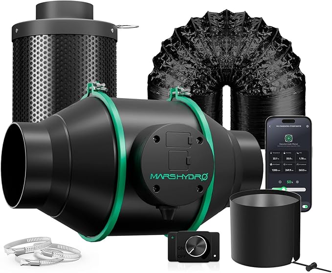 MARS HYDRO iFresh 4" Grow Tent Exhaust Fan kit with RJ12 Speed Controller | Air Filtration,Ventilation System with Quiet Inline Fan,Carbon Filter,13ft Ducting for Grow Room Cooling and Odor Control