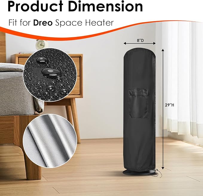 Portable Heater Cover for Dreo, Waterproof Electric Heater Cover for Indoor Outdoor Use - 8"D x 29"H, Black