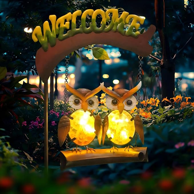 Solar Lights Outdoor Decor, Owl Swing Garden Decor, Owl Gifts for Women Mom, Whimsical Garden Lights Outdoor Decorations with Welcome Sign for Outside Patio Yard Lawn Decor-48inch