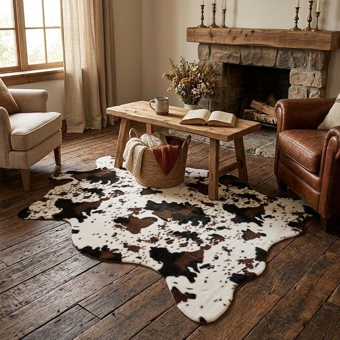 MustMat Faux Cowhide Rug, Western Cow Print Area Rug 4'7"x 5'3" | Ideal for Living Room, Bedroom, Dining Room & Entryways. Fits Vintage & Rustic Decor, Great for Holiday & Birthday Parties