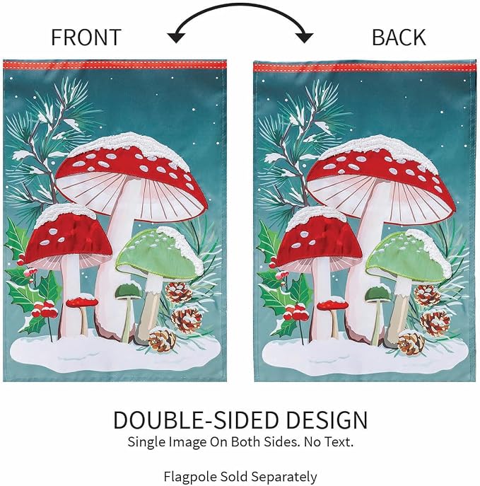 Evergreen Flag Woodland Winter Mushroom Welcome Garden Flags 12x18 Double Sided, Small Garden Flags for Outside, Christmas Garden Flag, Winter Yard Flags Outdoor Decoration