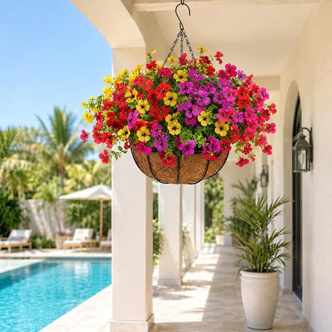Geegoods 2 Pack Artificial Hanging Flowers for Outdoors, 24 Pcs UV Resistant Faux Mums Flowers with 2 Hanging Baskets, Fake Hanging Plants for Front Porch, Patio, Balcony, Yard and Garden Decor