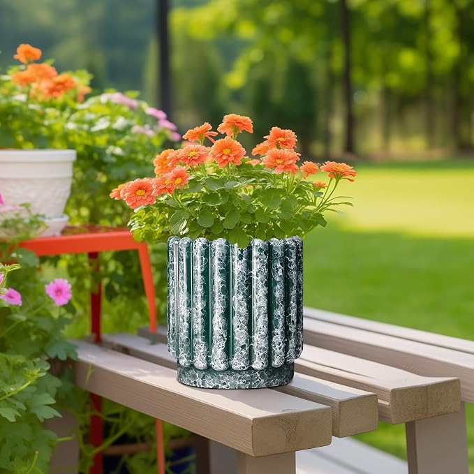 Ceramicfor Ceramic Flower Pot, 7.6 Inch, Green | Drainage Hole, Round Fluted Design, Indoor Outdoor Use, Decorative Planter
