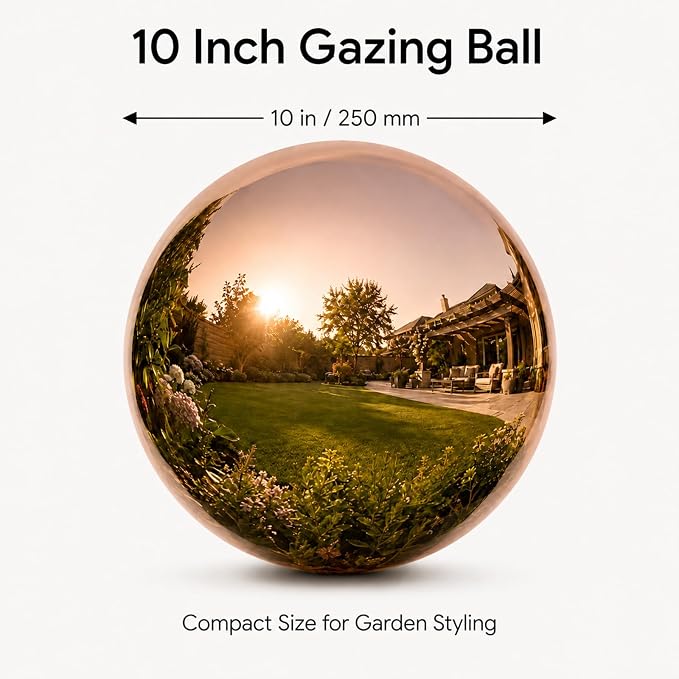Gazing Ball Garden Mirror Outdoor 10Inch Outside Decorative Globe Rose Gold | Metal Polished Reflective Sphere, Stainless Steel Hollow Decoration Ornament for Home Pond Swimming Pool Housewarming Gift