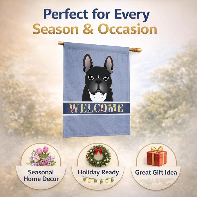 Caroline's Treasures BB1413CHF French Bulldog Welcome House Flag, Blue Large Porch Sleeve Pole Decorative Outside Yard Banner Artwork Wall Hanging, Polyester, House Size, Multicolor