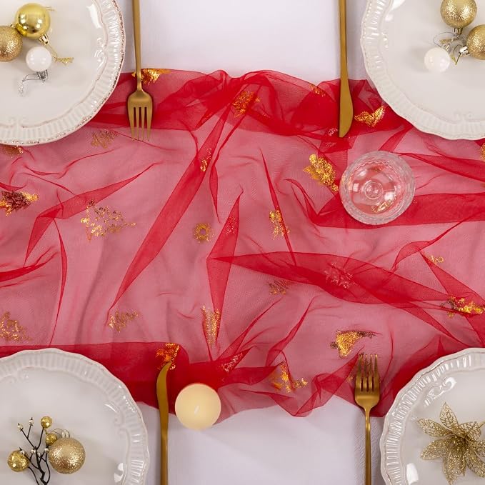 Socomi Christmas Tree Table Runner Gold Gauze Sheer Chiffon Cheesecloth Sequin 10FT Glitter Metallic Foil Dining Wedding Birthday Party Winter Holiday Centerpiece Table Decor 3pcs Red