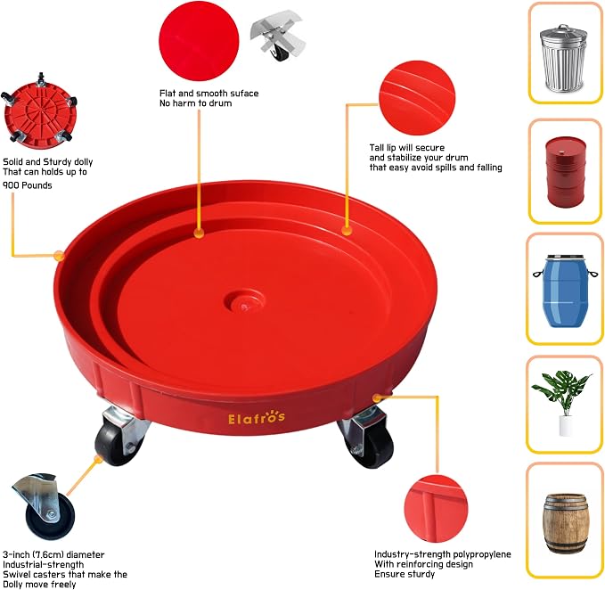 ELAFROS 30 Gallon and 55 Gallon Heavy Duty Plastic Drum Dolly – Durable Plastic Drum Cart 900 lb. Capacity- Barrel Dolly with 5 Swivel Casters Wheel,Red