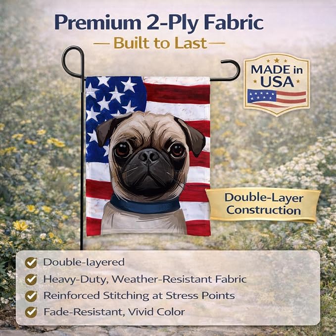 Caroline's Treasures CK6665GF Pug Dog American Flag Garden Flag Mailbox Flag Decorative Yard Flag Banner Outside Patio Artwork Yard Flower Beds, Garden Size, Multicolor
