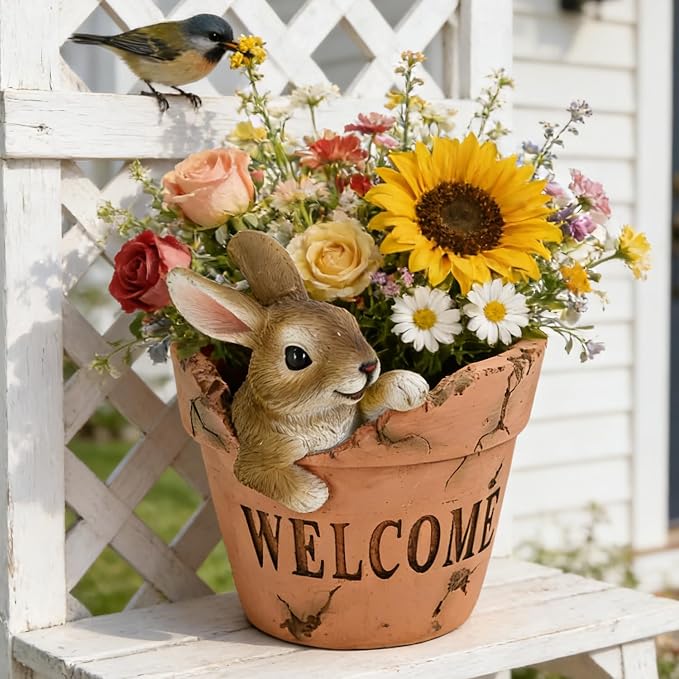 Hanging Planter with Cute Rabbit Design Decorative Wall Planter for Indoor Outdoor Terracotta Style Resin Unique Funny Plants Pot for Home Porch Garden Decor Artificial Flowers