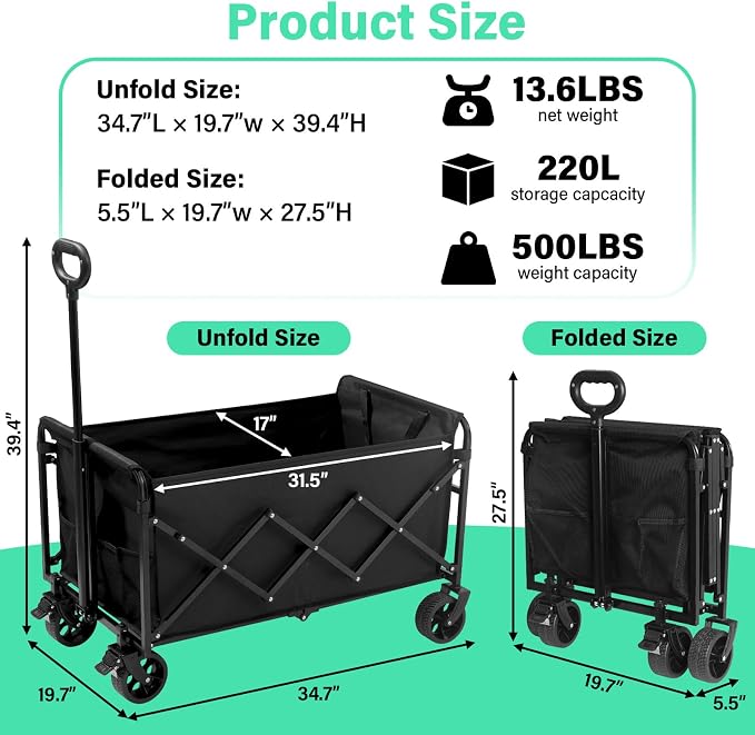 Folding Wagon Cart with All-Terrain Wheels – Heavy Duty Collapsible Utility Wagon for Grocery, Sports, Garden, Camping, Shopping (Black 500LBS)