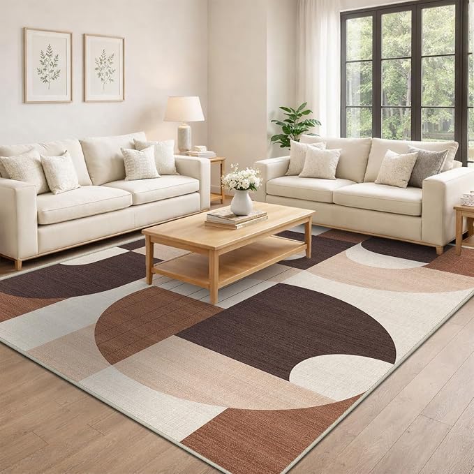5x7 Brown Geometric Area Rug for Living Room Bedroom Modern Abstract Large Rug Machine Washable Non-Slip Carpet for Dining Room Office