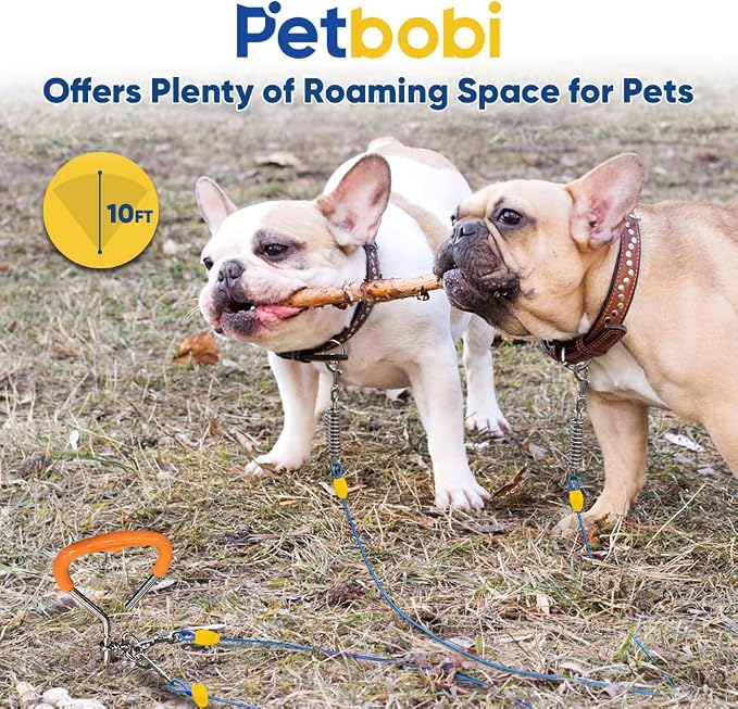 Petbobi Dog Tie-Out Cable and Stake - 10ft Heavy Duty Cable with Spring, No Tangle, 16in Ground Stake, Ideal for Outdoor Yard, Camping, Suitable for Small Medium Large Dogs Up to 120 lbs, Blue