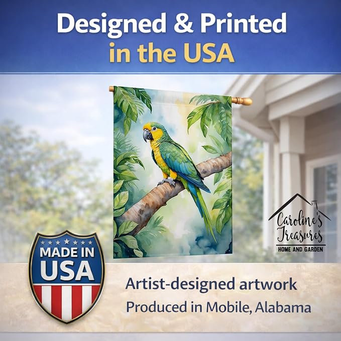 Caroline's Treasures Yellownaped Amazon Parrot House Flag Large Porch Sleeve Pole Decorative Outside Yard Banner Artwork Wall Hanging, Polyester, House Size, Multicolor