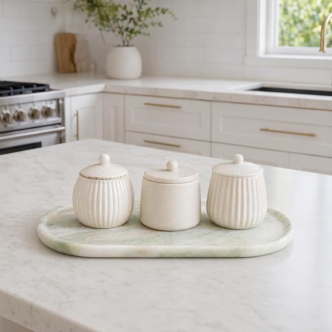Genuine 100% Natural Marble Tray, Luxury Sage Green&White Stone Vanity Tray | 11.8" x 5.9" Decorative Oval Trays for Countertop Storage, Bathroom, Dresser, Kitchen, Home Decor, Jewelry Makeup Organizer