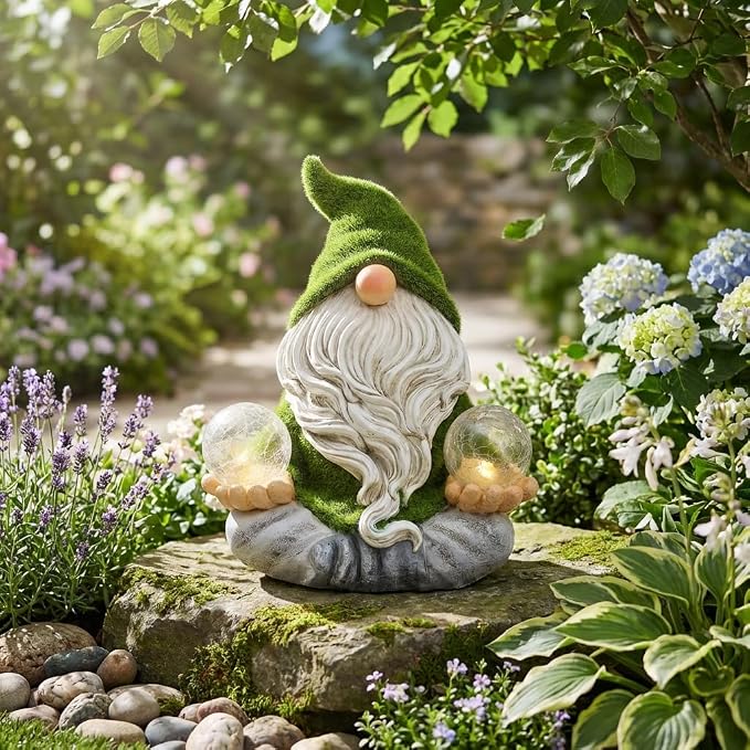 TERESA'S COLLECTIONS Garden Gnomes Decor with Solar Lights, St Patricks Decorations for Outdoor Decor,Resin Flocked Zen Garden Decor Outdoor for Porch Patio, Yoga Gnome Gifts for Women and Men, 8"