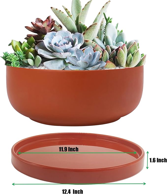 Yukfona Ceramic Plant Saucer Tray 1 Pcs 12 Inch Red Terracotta, 12.5"OD x11.9"ID x1.6"Deep Fits flower pots Bottom≤11.9",Heavy Duty Glazed Round Planter Drip with Catch Basin for Indoor Outdoor Plants