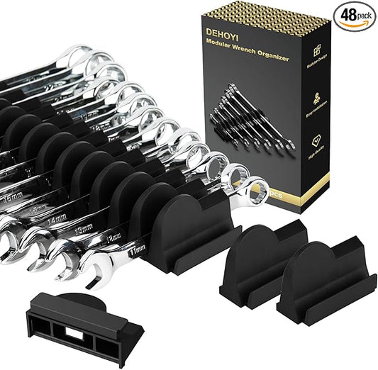 DEHOYI 48 pcs MAGNETIC Modular Wrench Organizers for Tool Drawers - Wrench Rack with Metric&SAE Labels, Perfect Tool Storage Holder with Magnet. Gift for mechanics (Black)