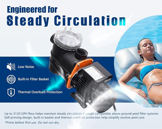1/2 HP Above Ground Pool Pump, 3120 GPH 115V Self-Priming Sand Filter Pump Replacement with Filter Basket, High-Flow Swimming Pool Circulation Pump with 1.25/1.5 in Hose Adapters