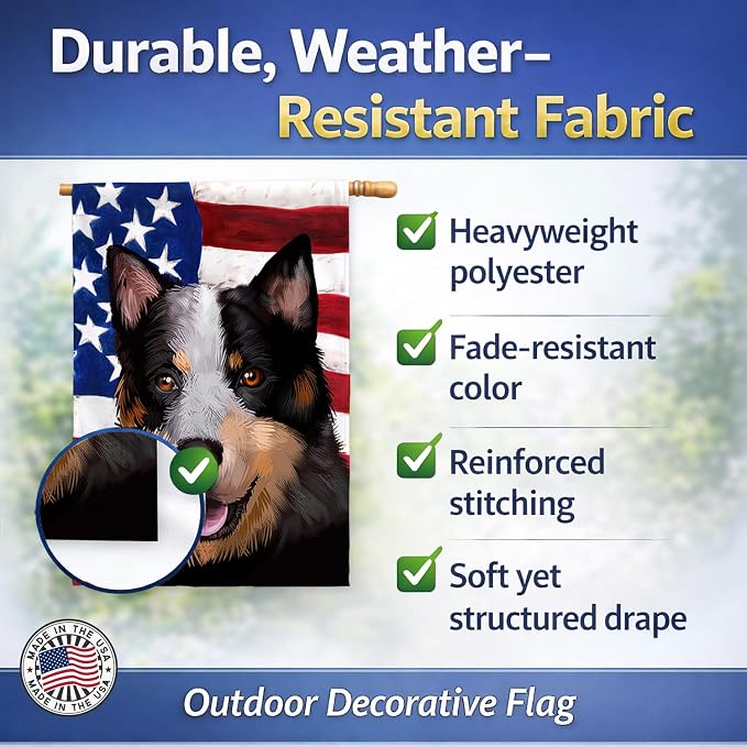 Caroline's Treasures CK6413CHF Australian Stumpy Tail Cattle Dog American Flag House Flag Large Porch Sleeve Pole Decorative Outside Yard Banner Artwork Wall Hanging, Polyester, House Size, Multicolor